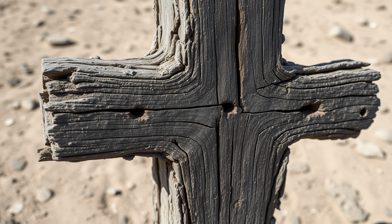 An old dilapidated wooden cross. The wood appears to be old and weathered, with a rough texture and deep grooves. The surface of the wood is rough and uneven, with some areas of the bark appearing darker and more jagged. There are several small holes scattered throughout the wood, some of which are larger than others. The whole cross is seen standing in a barren desert landscape. The overall feel is depressing and desolation. - Image