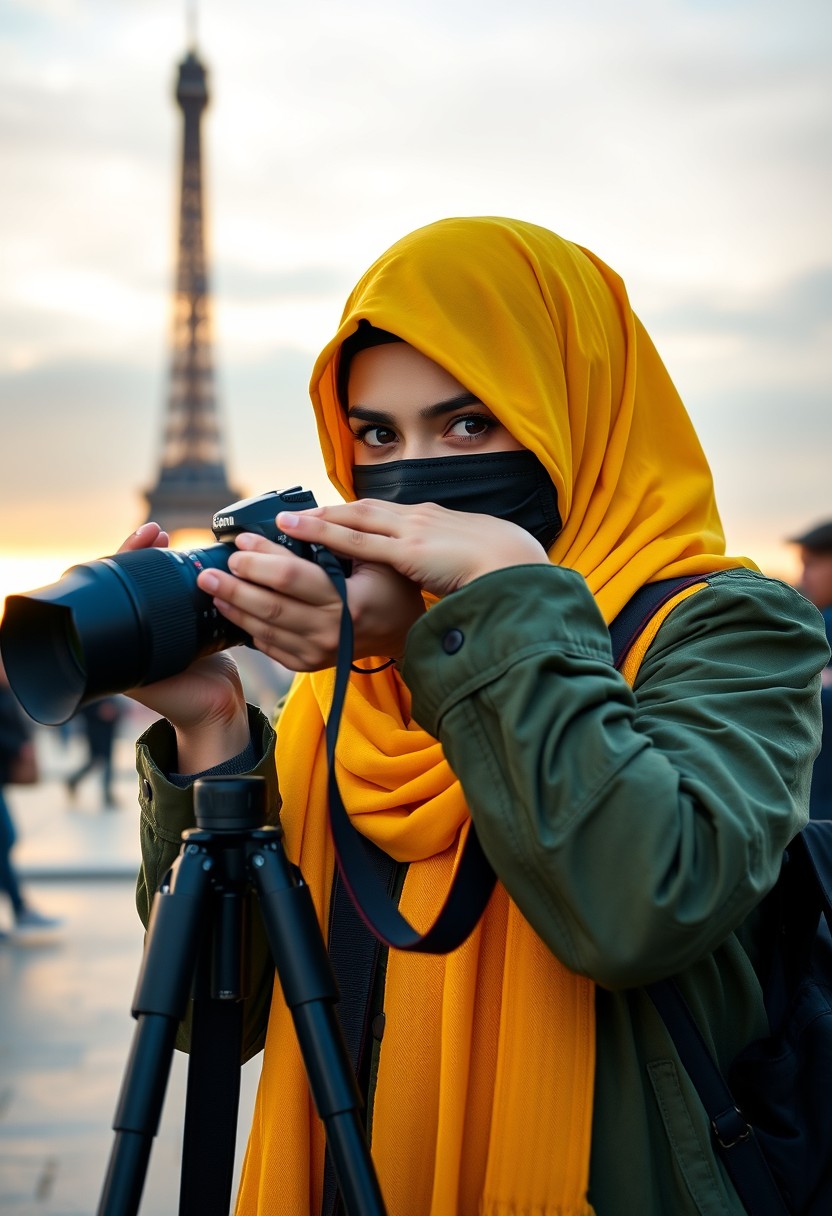 Biggest hijab yellow Muslim girl, beautiful eyes, face mask black, green army leather jacket, biggest skirt, camera dslr canon, tripod, taking photos of Eiffel Tower, sunrise, morning scenery, hyper-realistic, street photography.