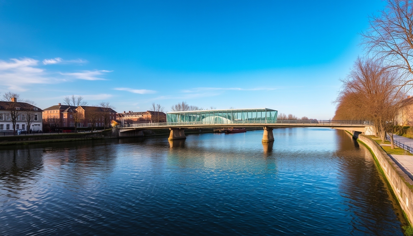 A serene river scene with a glass-bottomed bridge crossing over it.