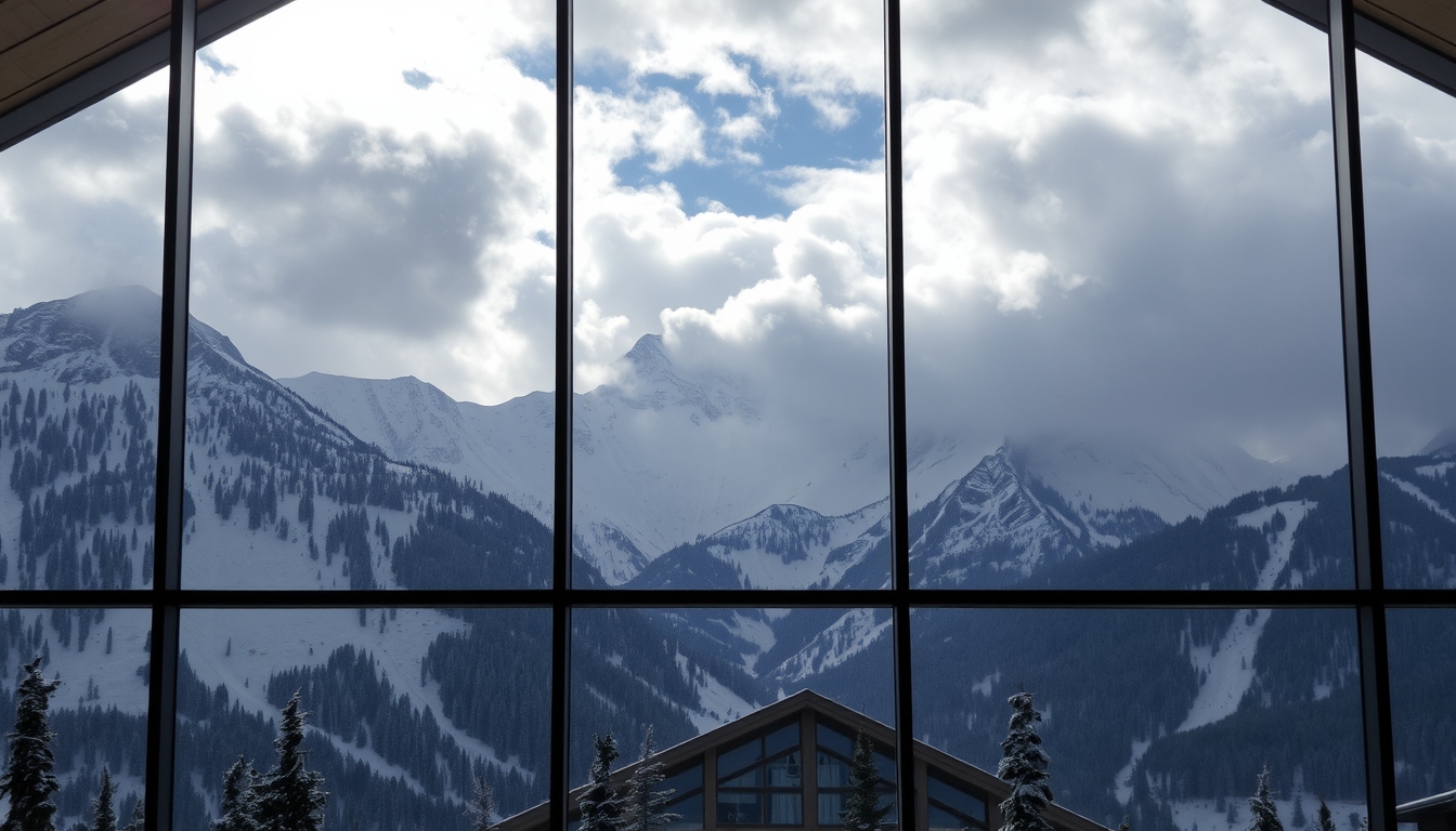 A dramatic mountain landscape viewed through the glass walls of a ski lodge. - Image