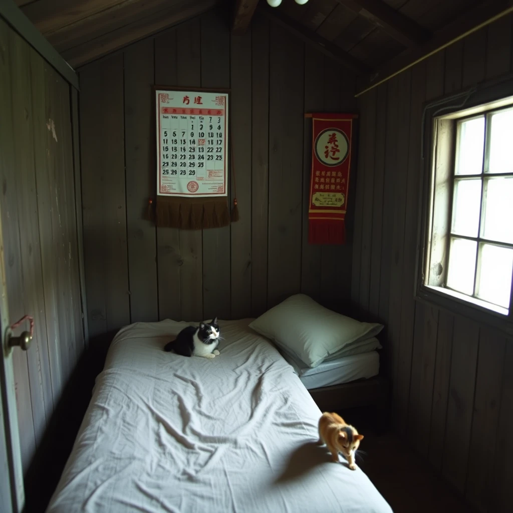 In a dilapidated wooden cabin, there is a bed, and one wall of the room has a Chinese-style calendar hanging on it, while there is a cat in the room. Note that the cabin has a window.