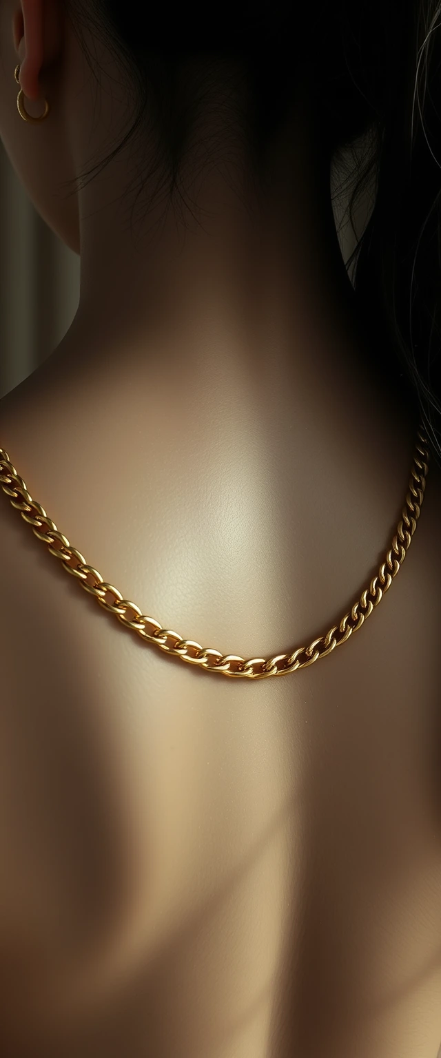 Close-up view of the back of a tall, godly woman of strictly white skin, with Korean and Indian features, wearing gold chains around her waist and neck. The image features a narrow aperture and is highly photorealistic, highlighting her sweaty white skin.