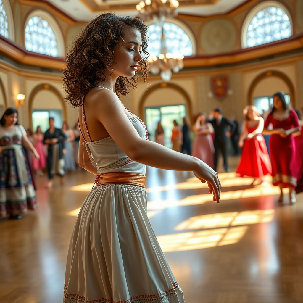 'Generate an image of a slender girl of Eastern appearance, weighing 65 kilograms, with curly shoulder-length hair, teaching Eastern dance in a hall where only women are dancing, in a very spacious room that is full. There is a lot of light and everyone is joyful. This is a Caucasian girl, either from Ossetia, Armenia, or Georgia; it's hard to tell, she might even be from Azerbaijan. And there are mirrors everywhere, a lot of light, and she still has 5 fingers on her hands.'