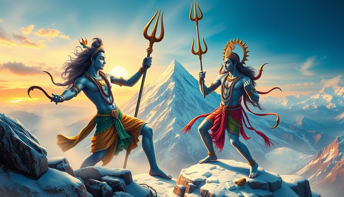 God Shiva and God Krishna, fighting, Kailash mountain, trident, Sudarshan chakra, snowy, quality, detailed. - Image