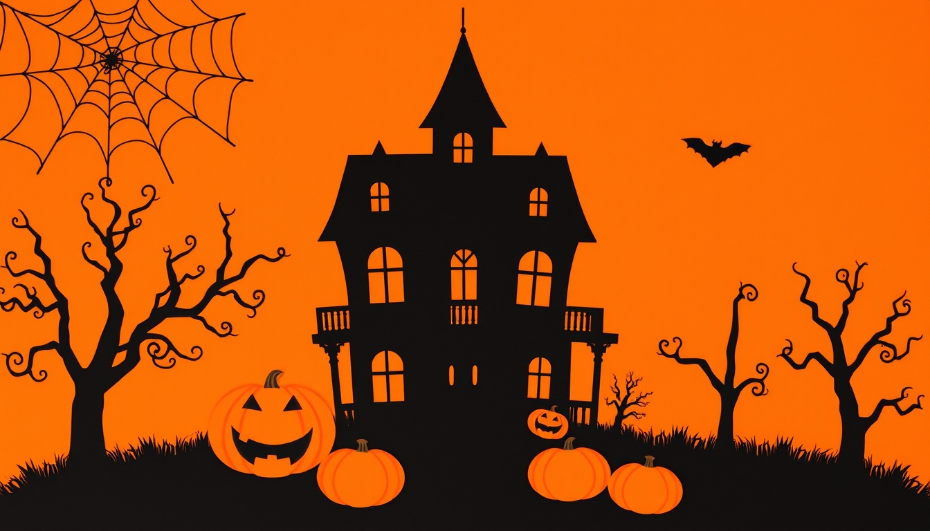 Halloween background with black silhouette of haunted house, spider web and pumpkins on orange background.