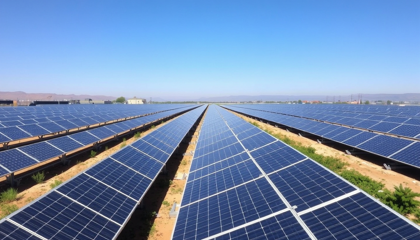 Solar farm with rows of solar panels stretching towards the horizon under a clear sky. - Image