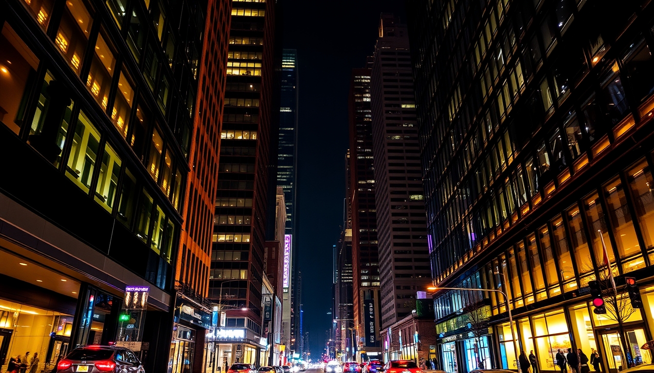 A vibrant city street at night, with reflections in the glass windows of skyscrapers.