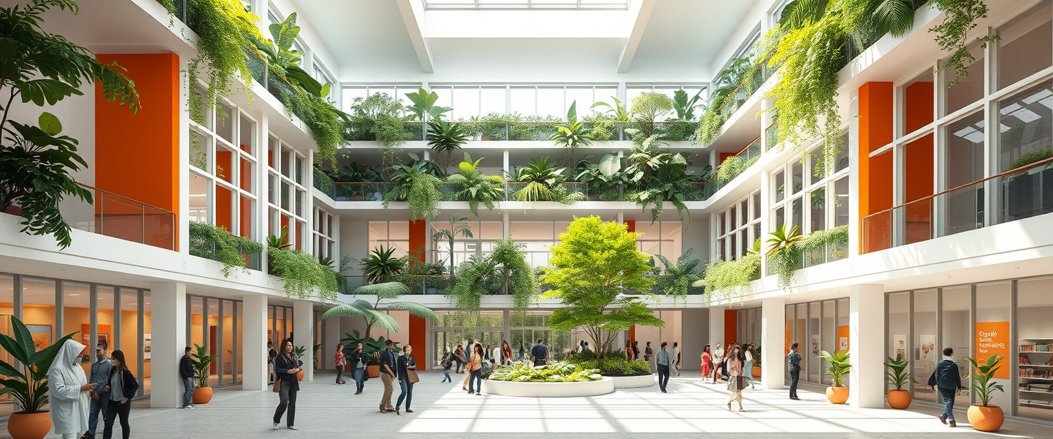 Modern Architectural Design, a rendering of an interior courtyard at the entrance to a two-story school building with large windows and balconies, people walking around in colorful, lush greenery on every level, lots of natural light, plants everywhere, modern architecture inspired by Tadao Ando.