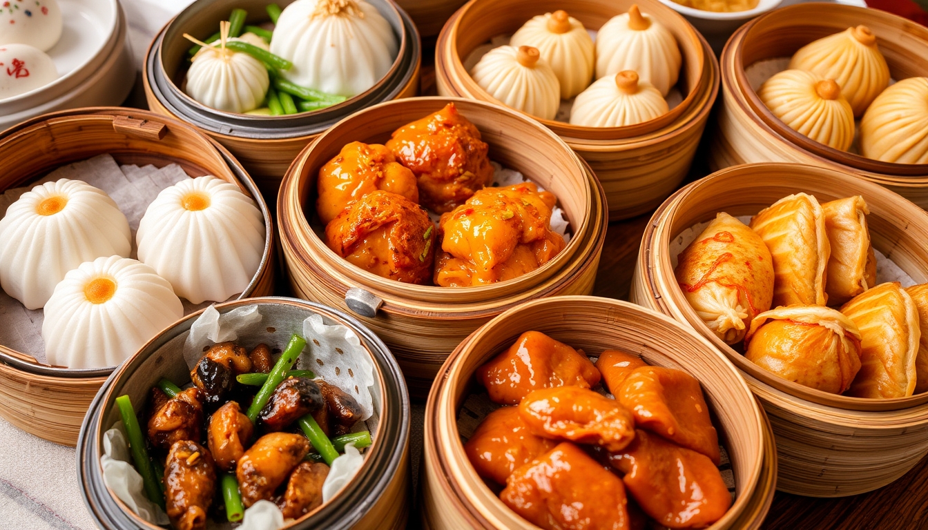 Assorted dim sum dishes in bamboo steamers, highlighting traditional Chinese cuisine.