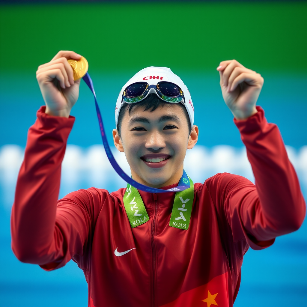 A Chinese swimming athlete winning a gold medal. - Image