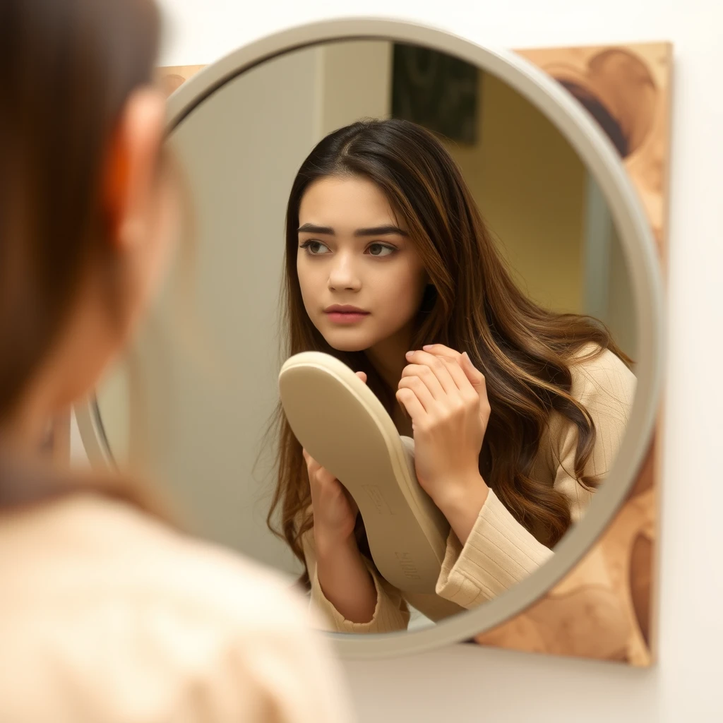 A female student looks at the mirror and can see her shoes. - Image