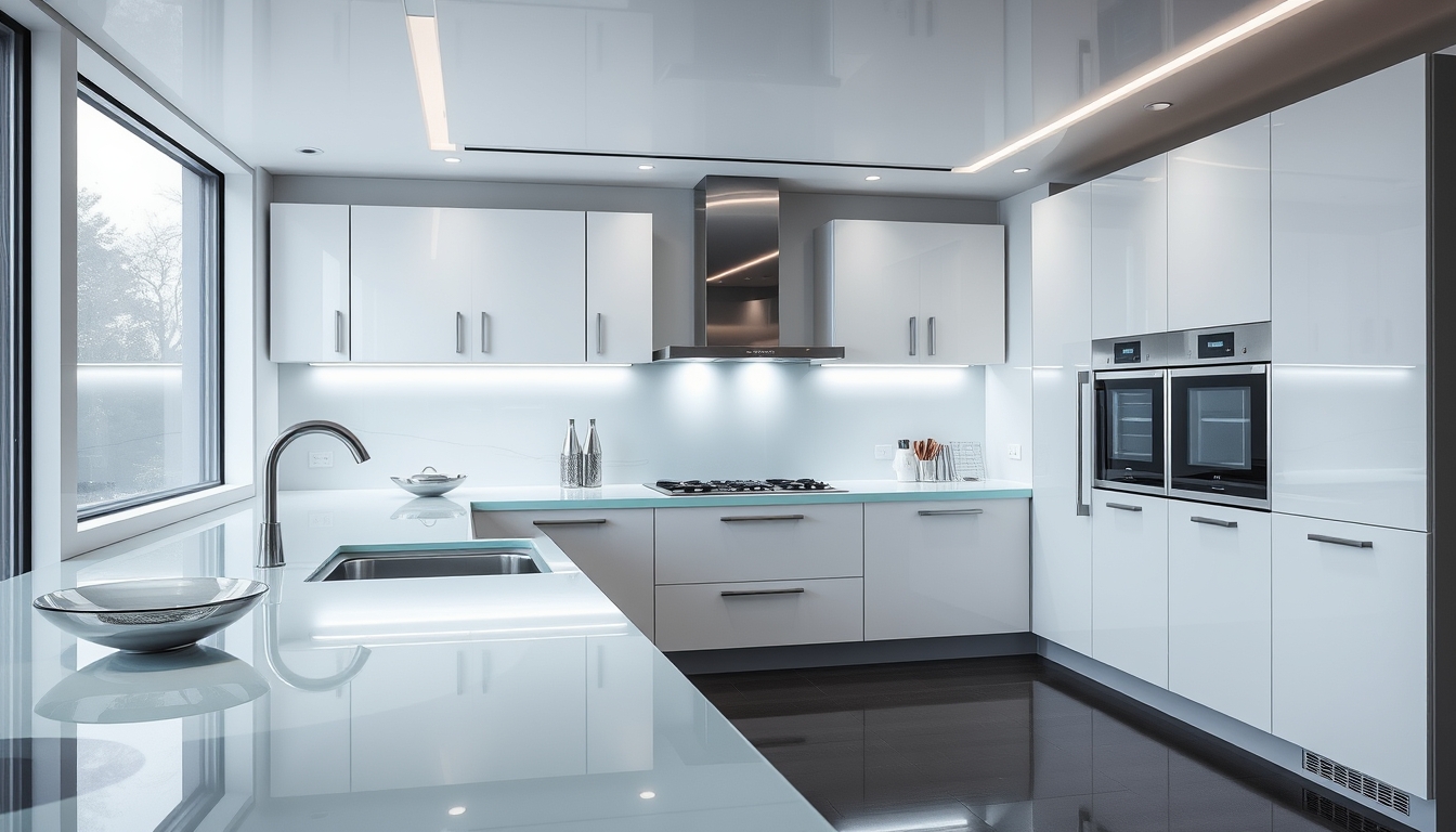 A sleek, modern kitchen with glass countertops and futuristic appliances.