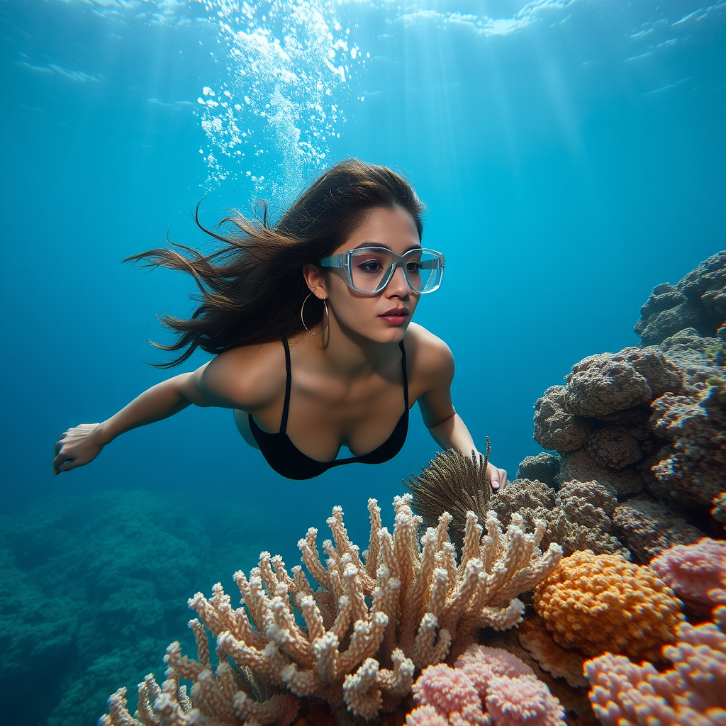 'a beautiful woman is diving deep in the sea next to corals'