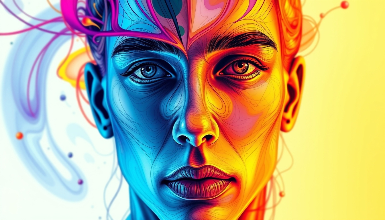 A digital painting of a human face composed of colorful, swirling lines and shapes, blending realism with abstract elements.