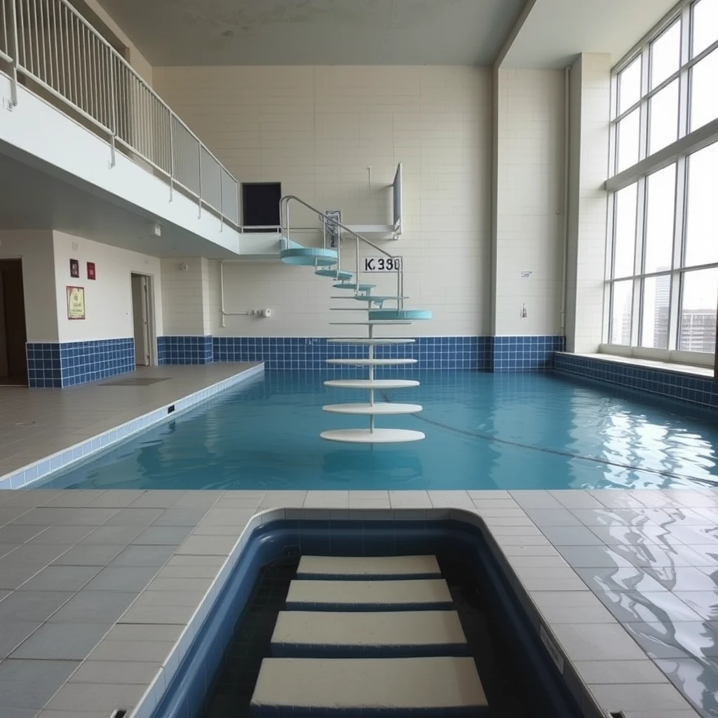 There is a strange swimming pool with steps extending from the sixth floor down to the pool and to the bottom of the water.