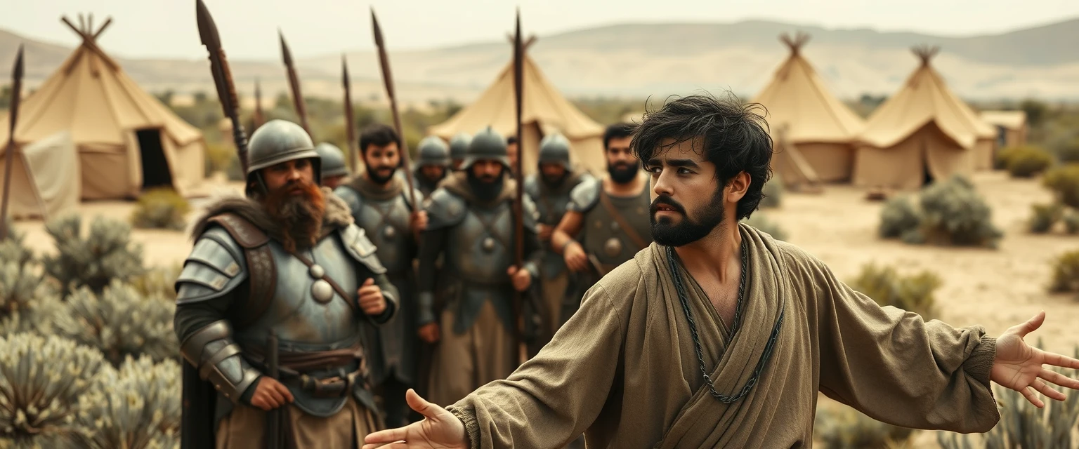 Create a scene of two men facing one another. The man on the right is a young Jewish man in his mid-20s, dressed as a simple shepherd, with his arms stretched out to the sides. He has dark, messy, unkempt hair and a beard and looks shocked as he gazes off-camera towards the left. The man on the left is a slim Jewish man in his mid-30s, sporting a Jewish beard and wearing only simple biblical-era Israelite armor. A group of four ancient biblical-era Israelite soldiers is crowding around the man on the left. In the background, there are Arabic army tents pitched on a desert shrubland. The overall mood of the image is one of anxiety and concern.