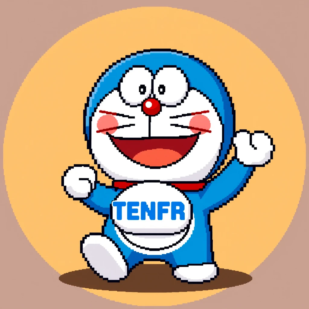 Pixel Art style, this is an avatar, 3D, Doraemon, with full body and a cute smile, holding a 3D logo that shows "TENFAR".