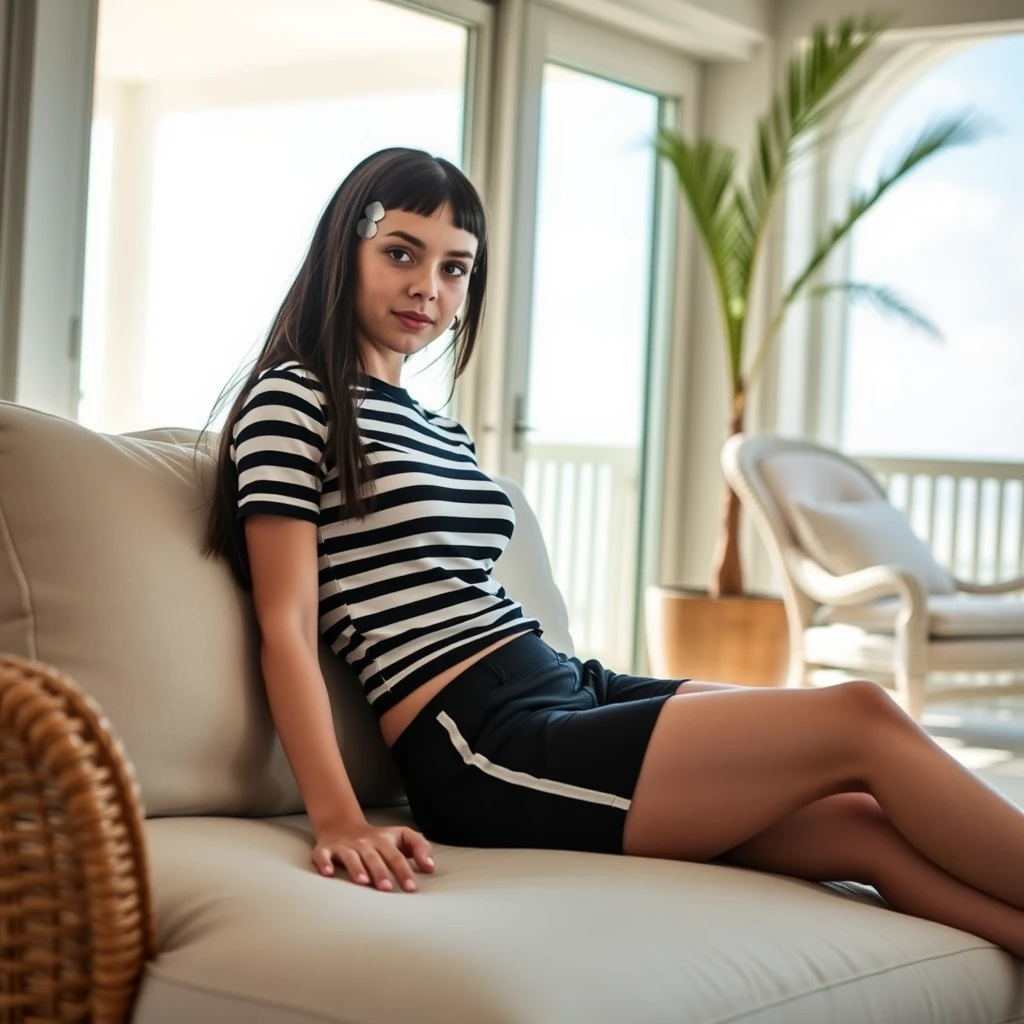 In a sunlit beach house, Wednesday Addams, as portrayed by Jenna Ortega, lounges on a plush sofa, exuding an air of relaxed confidence. She dons a striking black and white horizontal striped shirt paired with sleek black shorts, perfectly contrasting her pale complexion. - Image