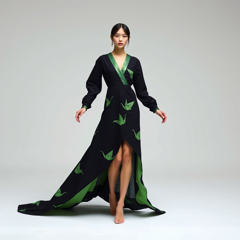 A Japanese model posing in a black and green cotton V-neck high-low dress, low in the front with a train, long sleeves, and an origami pattern, shot in the studio, studio shot, high fashion photography, in a photograph by Alasdair McLellan. - Image