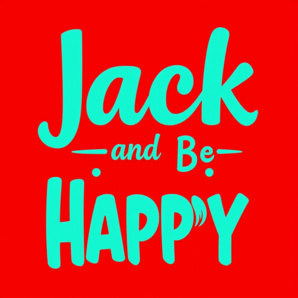 A tee shirt design of happy, vibrant, and deep red colors, with light blue and burning embers as beautiful contrasts with the text: "Jack and Be Happy".