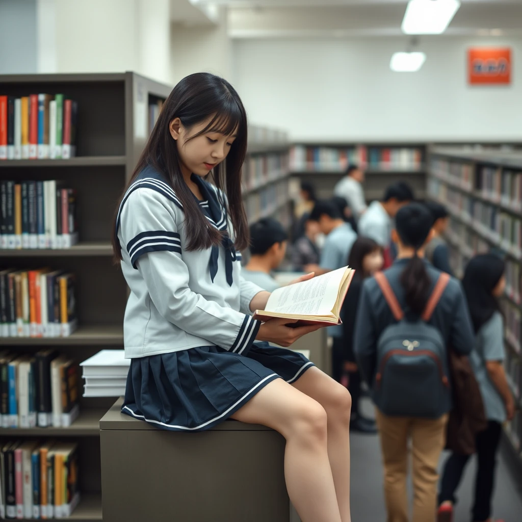 Real person photography, in the library, there is a Japanese female student wearing a school uniform skirt (with white skin) who is sitting on top of the bookshelf and reading a book. There are many people in the library.