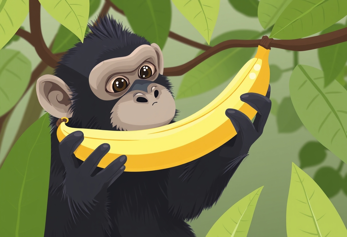 A monkey eating a banana, illustration.