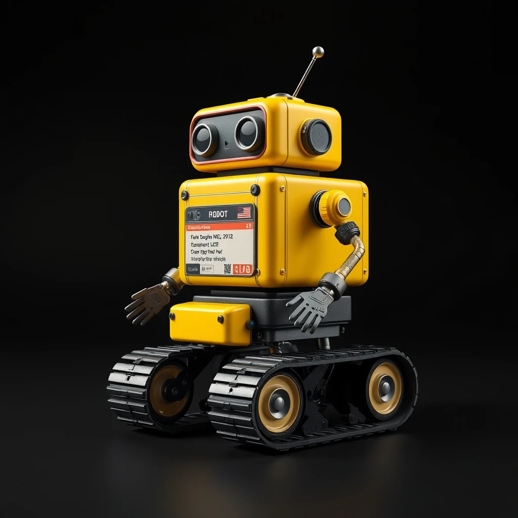 Surrealist style, cute robot figurine, tracked robot, square body, outdated appearance, bold color matching, complex structural details, labeled body, black background, studio lighting, UE5 rendering, product photography, realistic. - Image