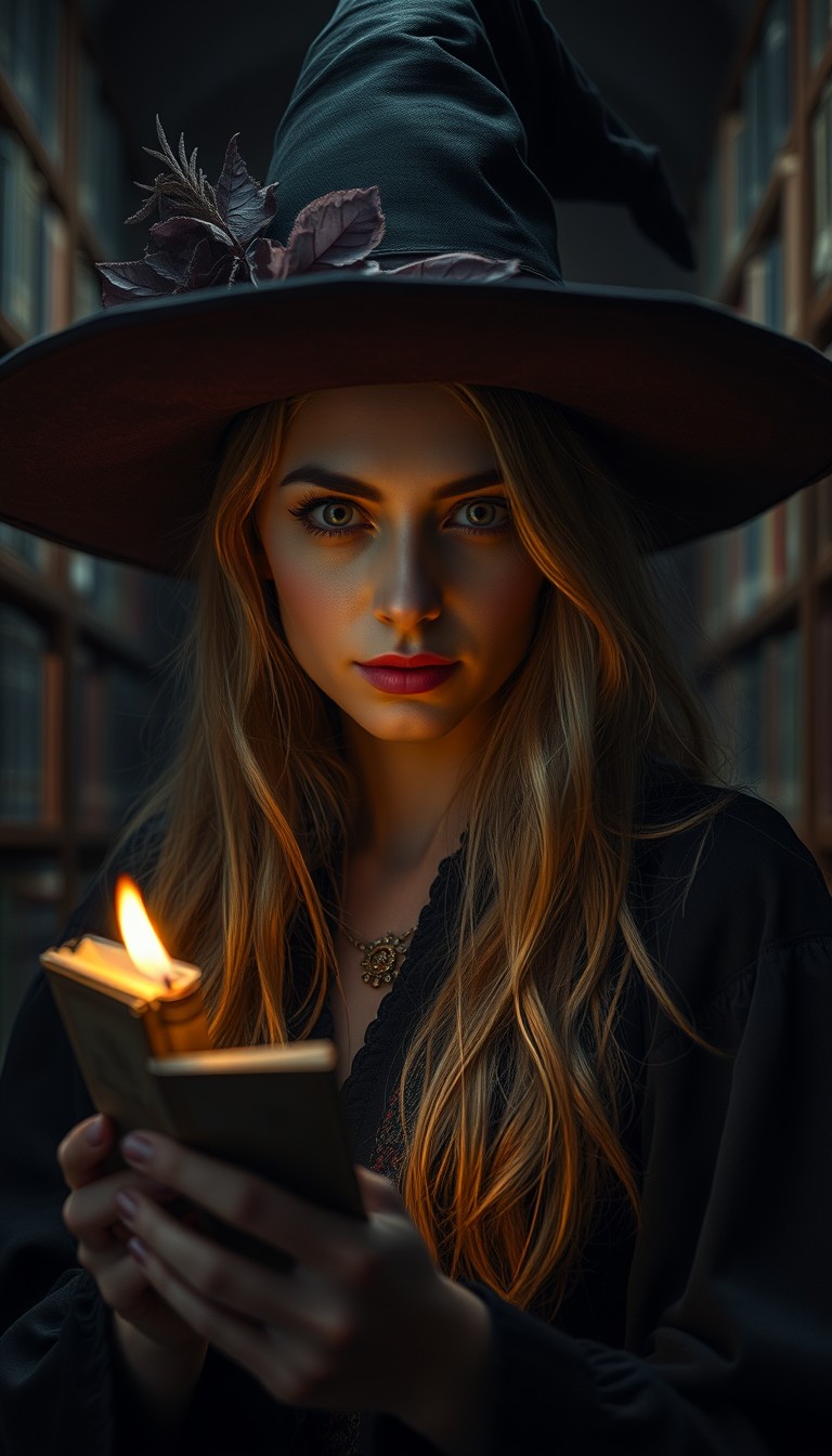 Closeup photo of a beautiful witch in a dark library