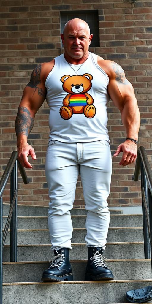 A towering, muscular 60-year-old skinhead bodybuilder stands confidently on concrete stairs, his gleaming bald head contrasting with his light skin. Clad in a striking white t-shirt with a logo of a stuffed teddy bear holding a gay flag, tattooed arms flex beneath the sleeveless fabric. Tight bleached denim trousers highlight his powerful legs, complemented by knee-high Dr. Martens boots with white laces. The rugged brick wall and metal handrails create an industrial backdrop, enhancing the imposing presence of this behemoth. - Image