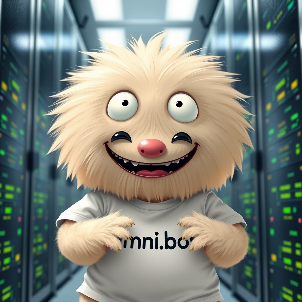 A fluffy cute smiling baby monster wearing a white t-shirt branded "Omni.bot" eating data in a huge datacenter. - Image