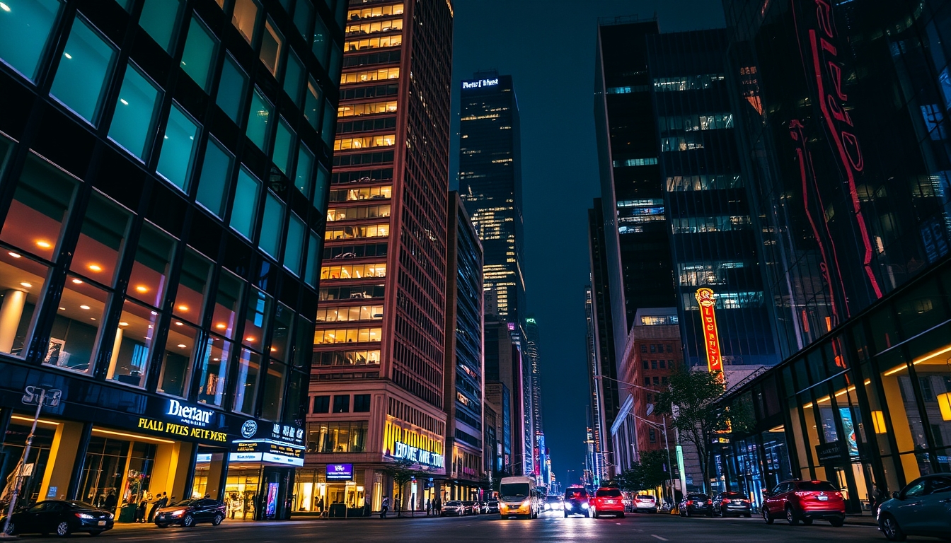 A vibrant city street at night, with reflections in the glass windows of skyscrapers. - Image