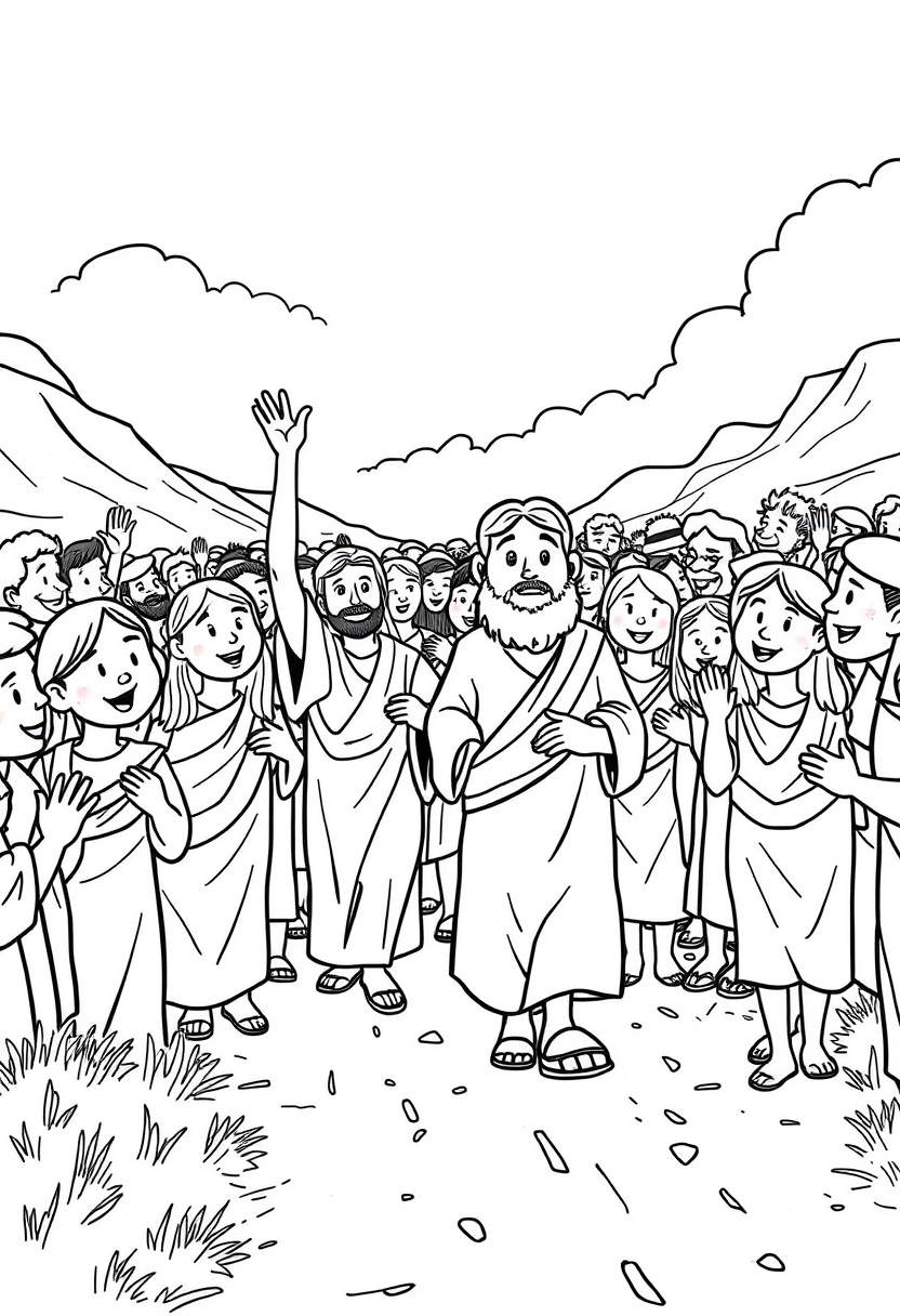 Depict a crowd of people joyfully following Jesus along a dusty road, with expressions of hope and excitement. A coloring book page, cartoon style, thick lines, low details, no shading. - Image