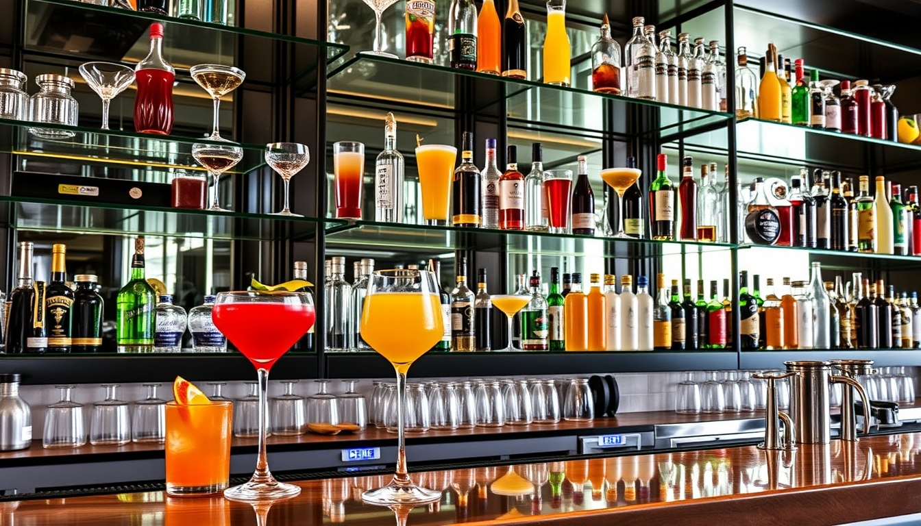 A sophisticated cocktail bar with glass shelves showcasing an array of colorful drinks. - Image