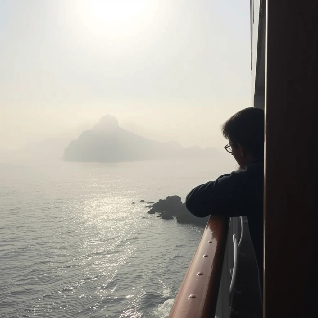 Leaning against the ship's rail, my gaze pierces through the morning mist, and the distant Cheung Chau Island appears like a delicate ink wash painting. The sunlight gradually dispels the fog, revealing the greenery of the island and the rocks along the shore, as our ship slowly approaches this tranquil haven.