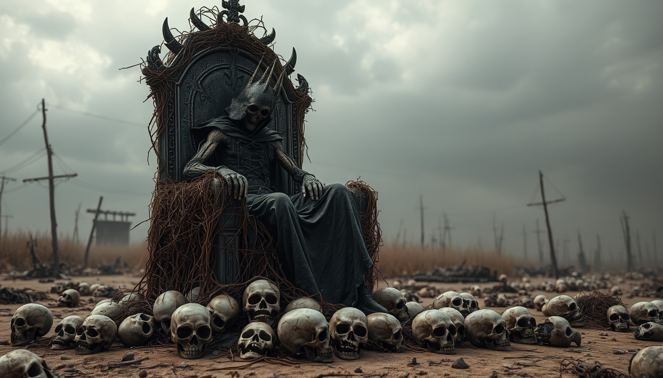 A dark scarecrow sits on a throne covered in thorns, surrounded by skulls on the ground in an apocalyptic wasteland.