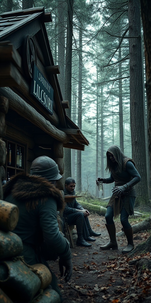 Real-life photography: In the forest, there is a wooden cabin where a female barbarian is selling alcohol, and a dressed zombie comes to buy some. - Image