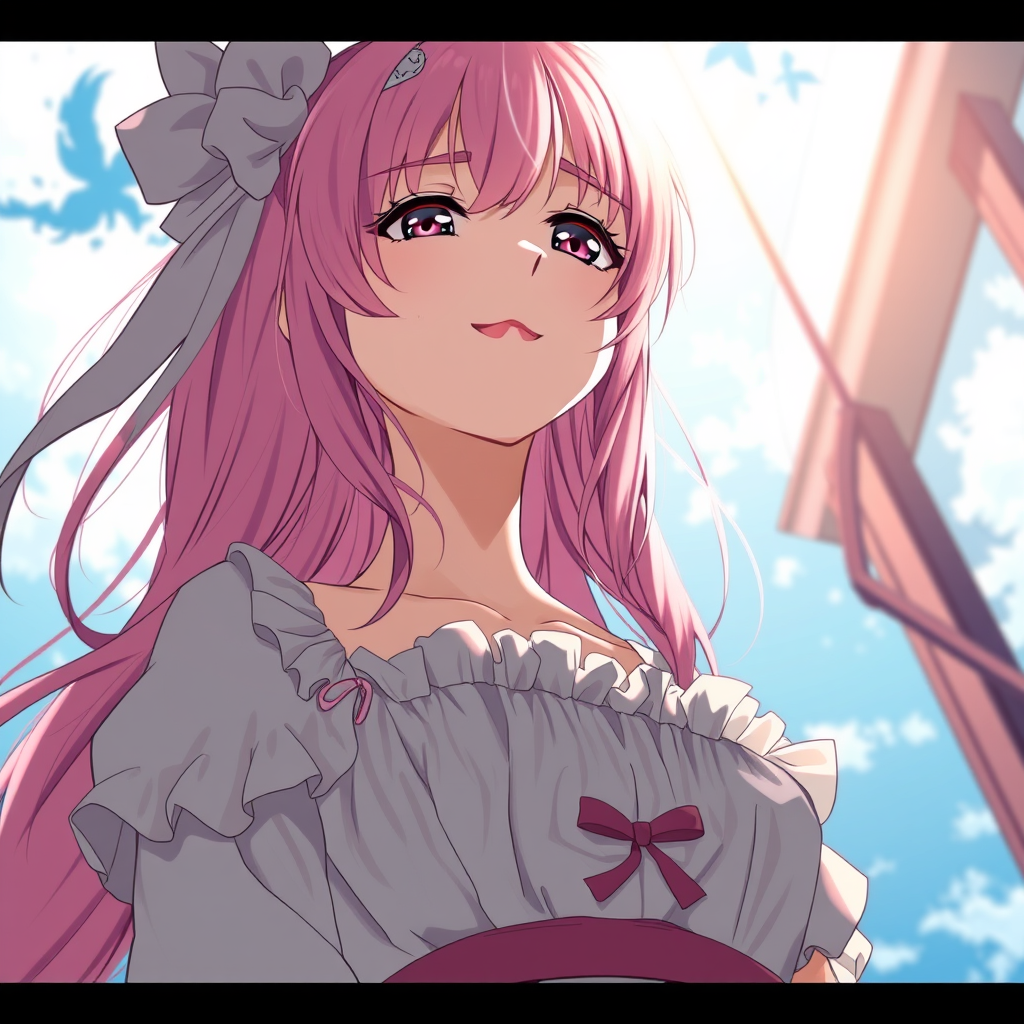 Anime art of a motherly woman, from below, pink hair, frilly dress, detailed scene, stunning details, trending on ArtStation, anime artwork, anime cel shading, detailed sharp shadows. - Image