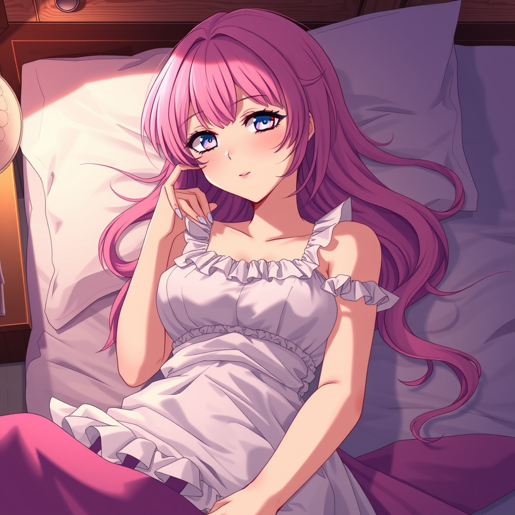 Anime art of a motherly woman, pink hair, frilly dress, detailed scene, stunning details, trending on artstation, laying on the bed, anime artwork, anime cel shading - Image