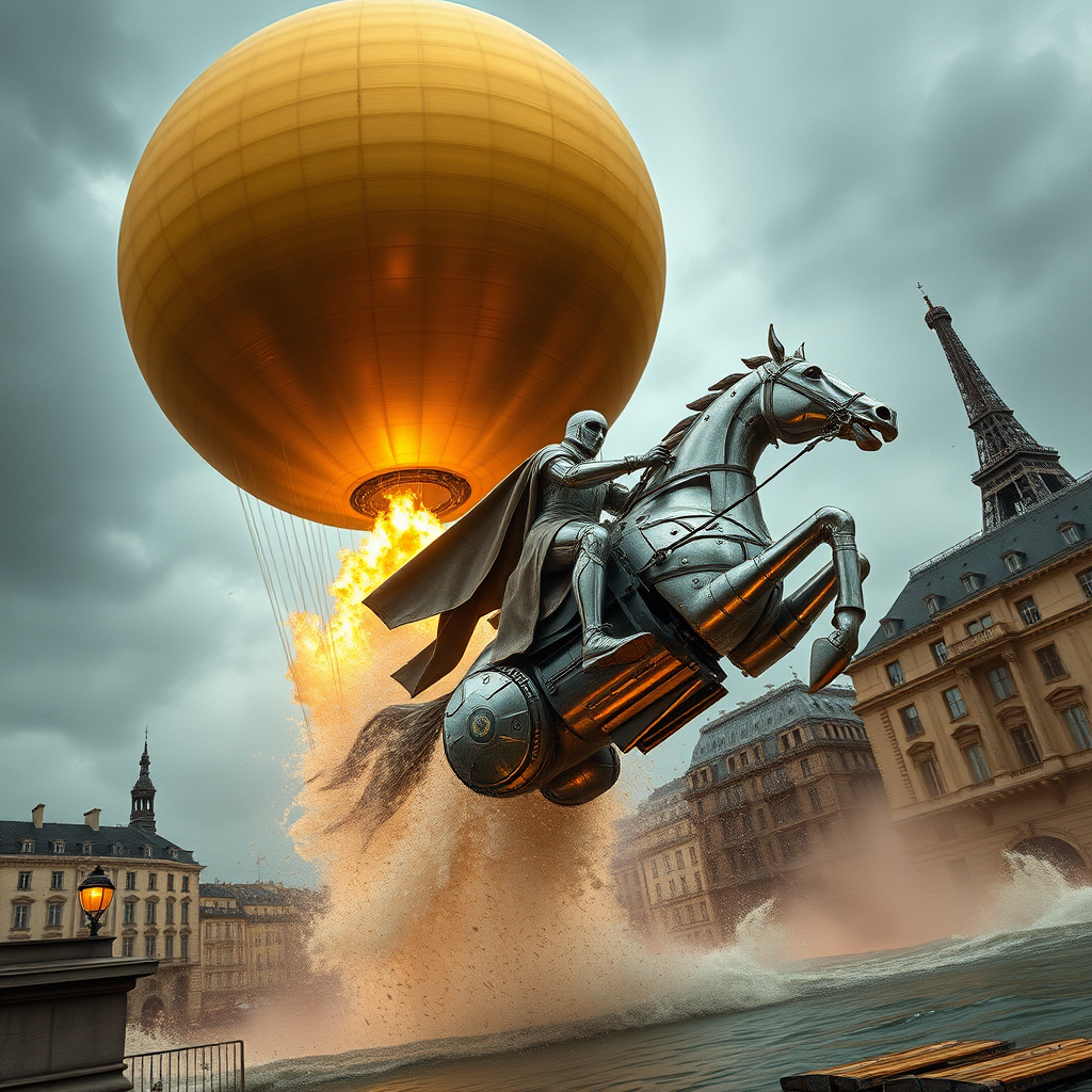 Low angle shot of a monumental giant perfect smooth gold sphere with fiber texture flying above in the sky, with a giant flame underneath to elevate the sphere like a hot air balloon, floating over vintage Paris in the style of the universal exhibition of 1900, retro futuristic aesthetic. Giant waves flood the city as a mechanical knight of the apocalypse rides a silver mechanical horse in the style of H.R. Giger's metal sculptures with silver armor, emerging proudly from the Seine, galloping and slicing through the water under a stormy sky, doomsday, apocalypse, steampunk. Backlight, mist, and fire embers create a perspective of pop rock fluorescent collage with sci-fi steampunk machinery, extra dust particle clouds, octane render, and paper art ink art reminiscent of Méliès and Jules Verne. - Image