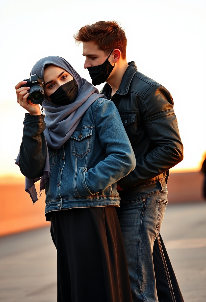 Jamie Dornan's head and body shot, handsome, black face mask, denim jacket, jeans, dating, love couple, with the biggest gray hijab Muslim girl, black face mask, beautiful eyes, black leather jacket, biggest skirt, taking picture, DSLR Canon camera, sunset, hyper-realistic, street photography. - Image