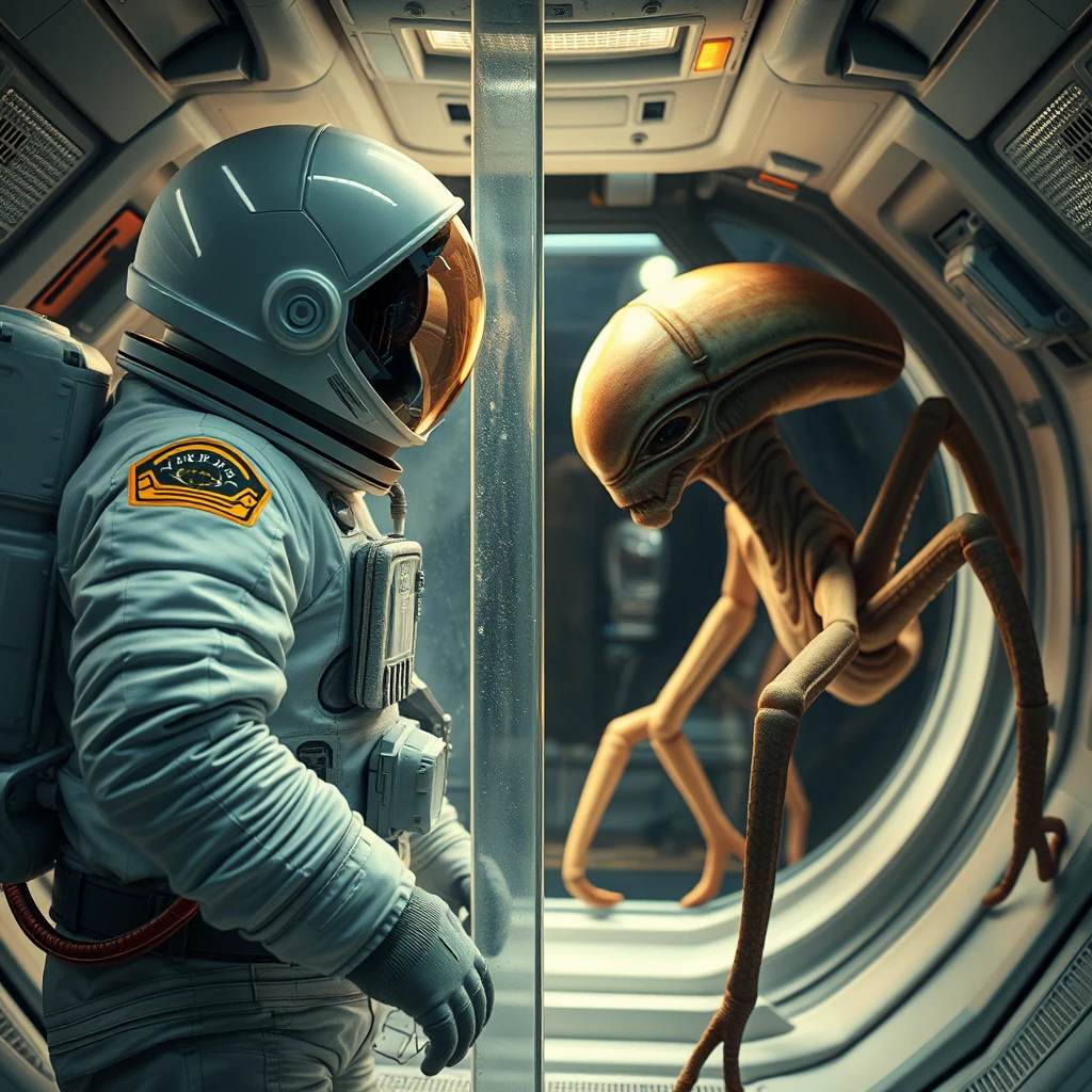 An astronaut meets an alien resembling a spider inside a spacecraft, and there is a slightly transparent wall between them.