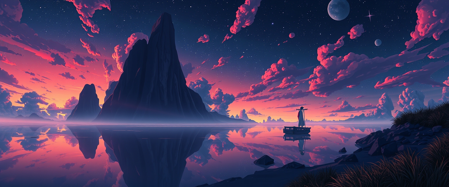 by Alena Aenami, by Mark Schultz, by __photographers__, tranquil, peaceful, serene, calm, (what lies behind the darkness:1.4), cartoon, highly detailed and hyper surrealistic, perfect composition, harmonic colors, dramatic lighting, low angle panoramic view, tilted horizon