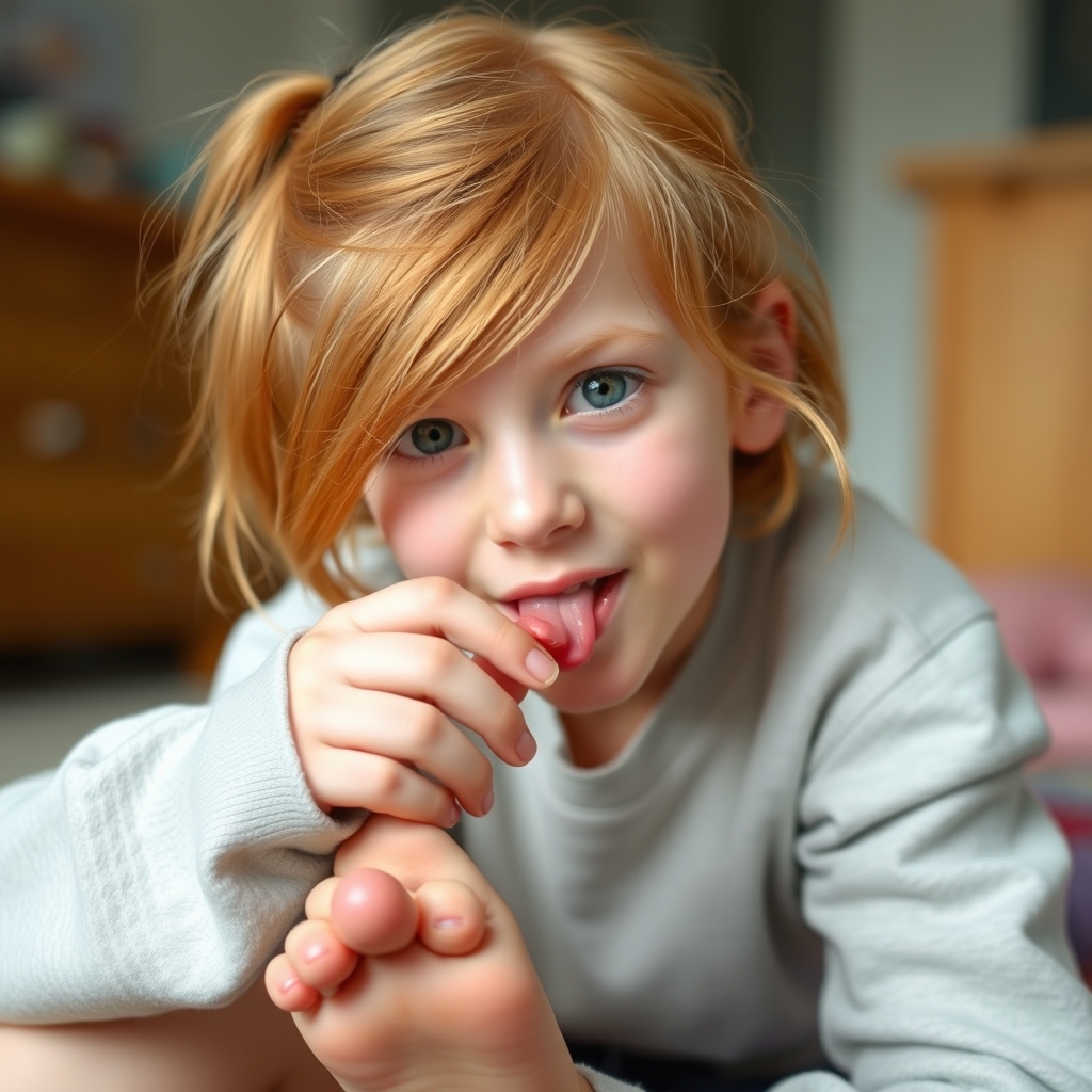 A cute white teenage girl with ginger hair and green eyes is licking her own foot. - Image