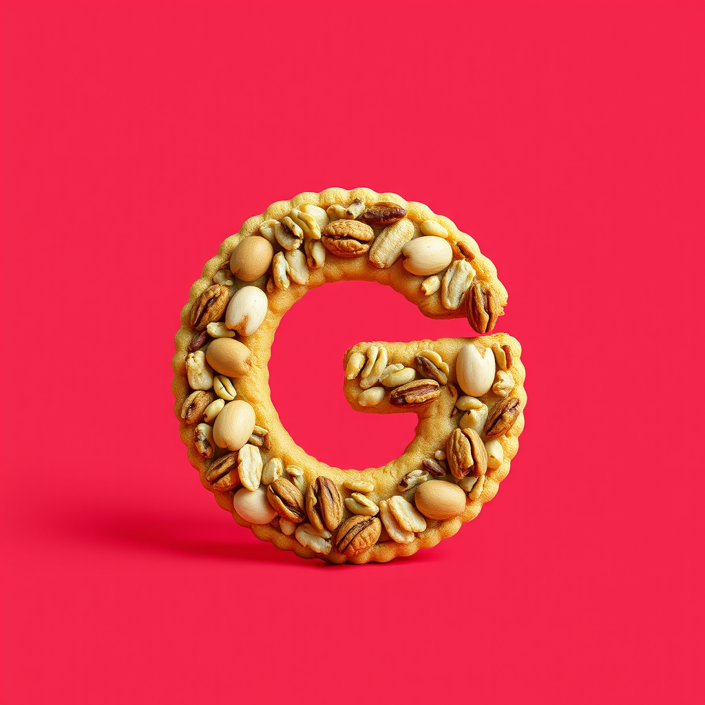 A letter "G" made of nuts cookies, light red background, realistic photograph.