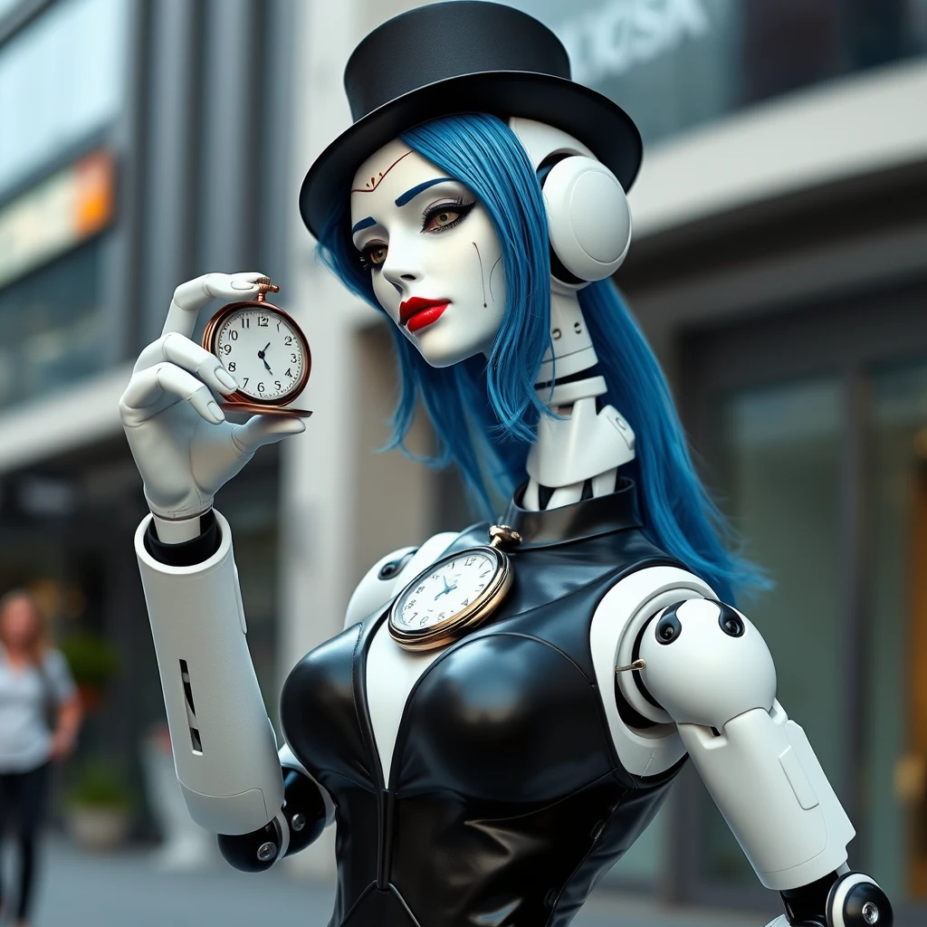 A humanoid female robot that looks like a stage hypnotist, wearing a top hat and a black leotard. She has pale white skin, lipstick, and blue hair. She wields a hypnotic pocket watch which she sways back and forth to hypnotize her victims. Set in a modern street.