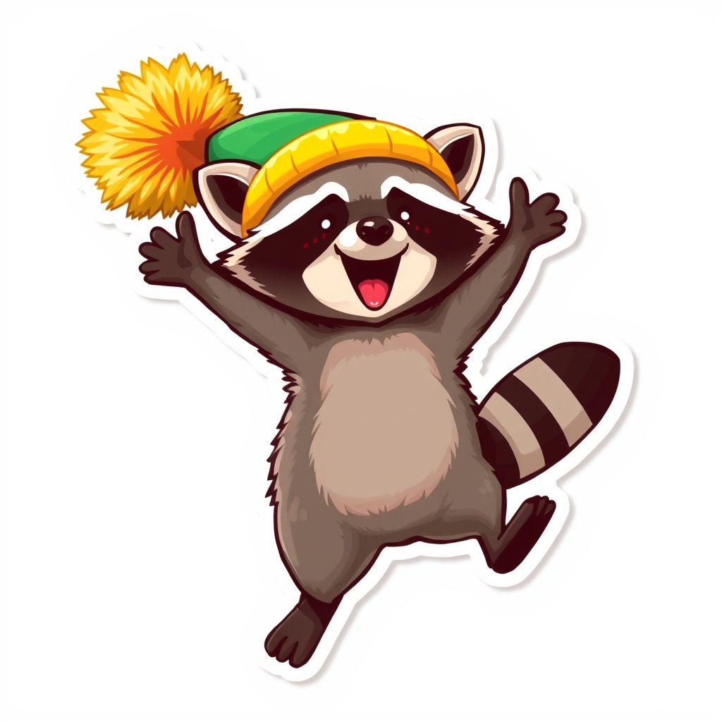 A raccoon in a bright pom-pom hat, jumping and dancing. It looks very cheerful and energetic. This sticker is perfect for expressing joy, celebration, or just to lift someone's spirits. - Image