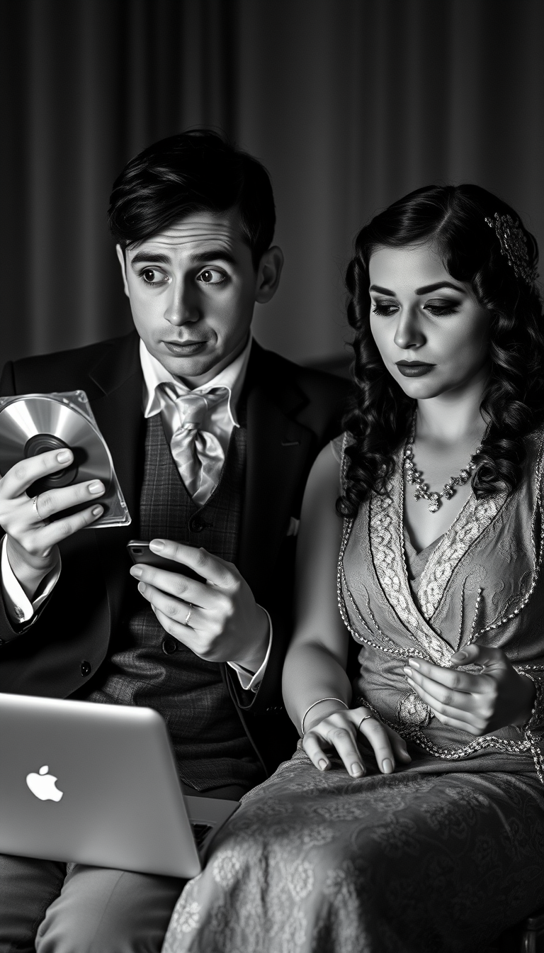 Hyper Realistic silent film, black-and-white film showcases a couple from the 1920s, engaging in dramatic poses characteristic of that period. They are dressed in vintage 1920s attire and makeup. Both individuals are fascinated by contemporary media devices; the man is holding a DVD and a Blu-Ray, looking amazed, while the woman is entranced by the display on her MacBook Pro.