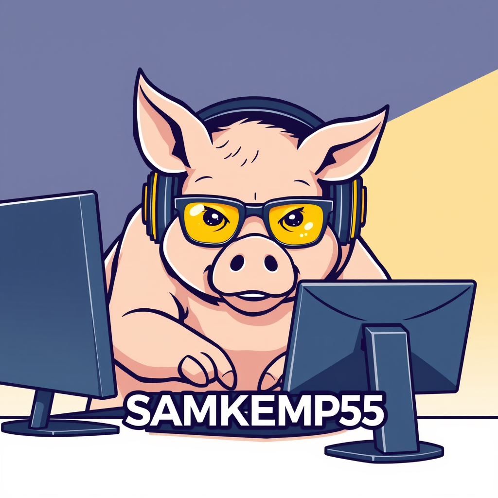 A tech-savvy pig coder, wearing yellow-tinted glasses and sleek noise-cancelling headphones, hunches over a cutting-edge multi-monitor setup. The anthropomorphic pig exudes focus, typing furiously. Design a minimalist logo for "SAMKEMP55", emphasizing clean lines and a futuristic feel. - Image