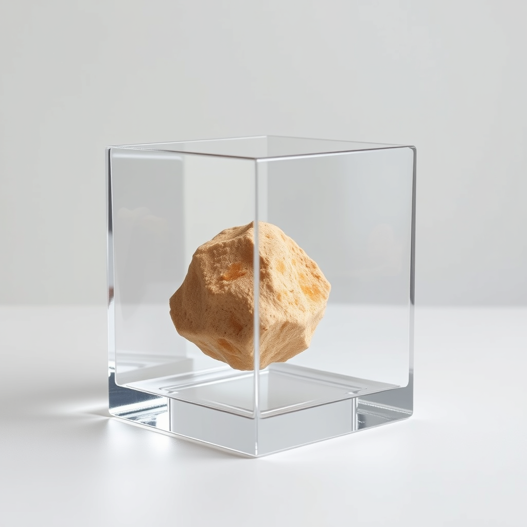 Cube, 4k, Object inside, clear glass, studio photography, neutral background, table top.