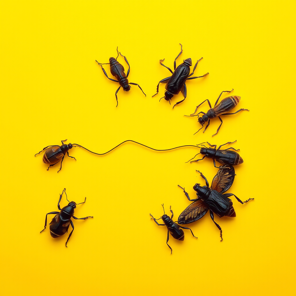 a single line made of insects, yellow background, realistic photograph